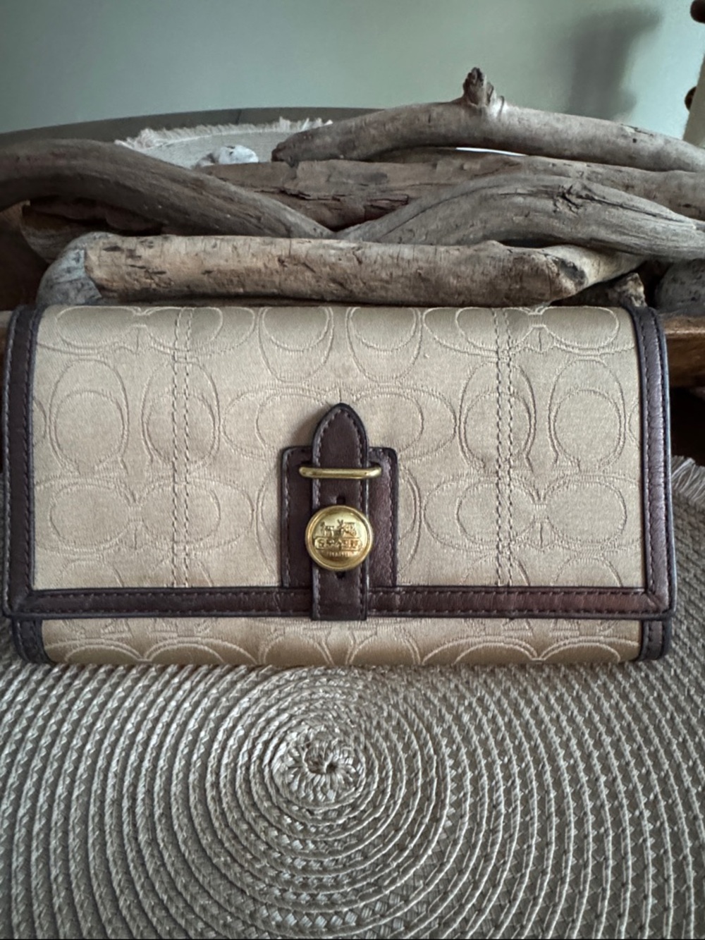 Coach Khaki and Dark Brown Signature Canvas Continental Wallet
